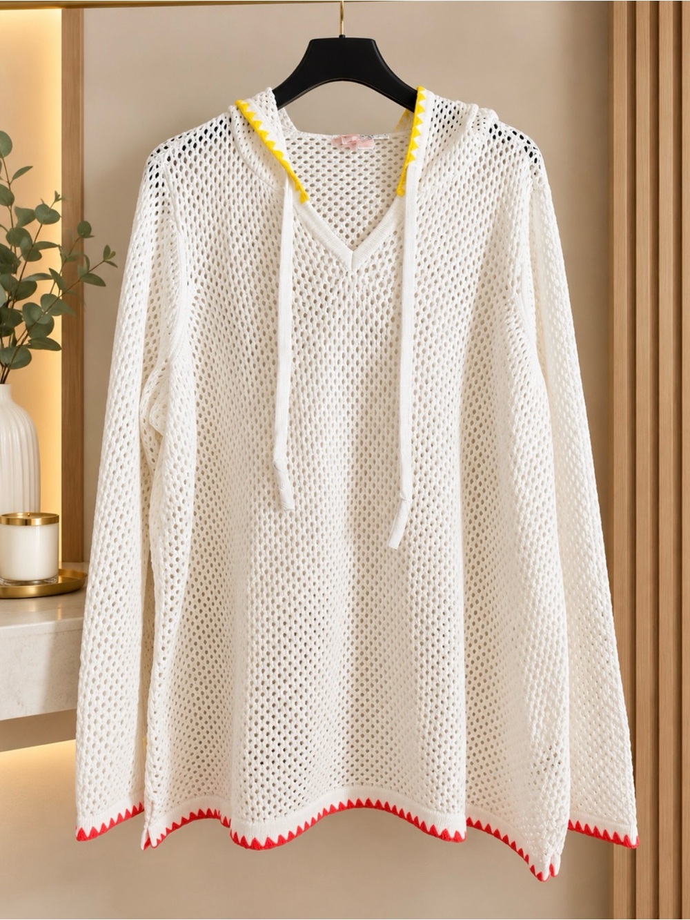 Open-Knit V-Neck Hoodie Sweater in White with Contrast Trim